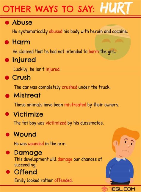 151 synonym for hurt injure, damage, wound, cut, disable, bruise, scrape, impair, gash, ache, be sore, be. . Synonym to hurt
